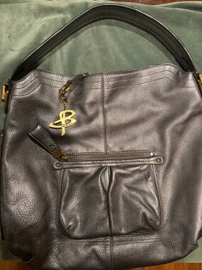 b. makowsky Pewter Pebbled Leather Shoulder Bag with Gold Logo Charm
